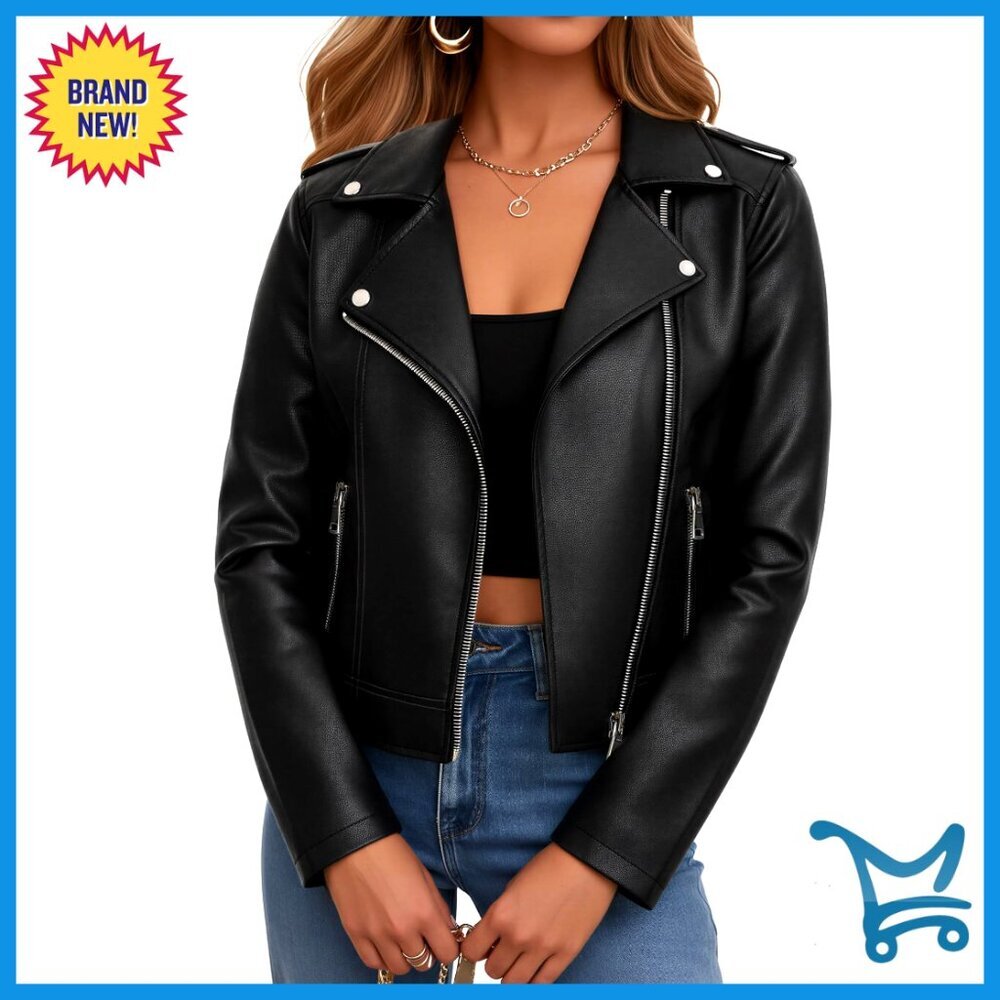 Faux Leather Cropped Moto Jacket Women's Zip Up Biker Style